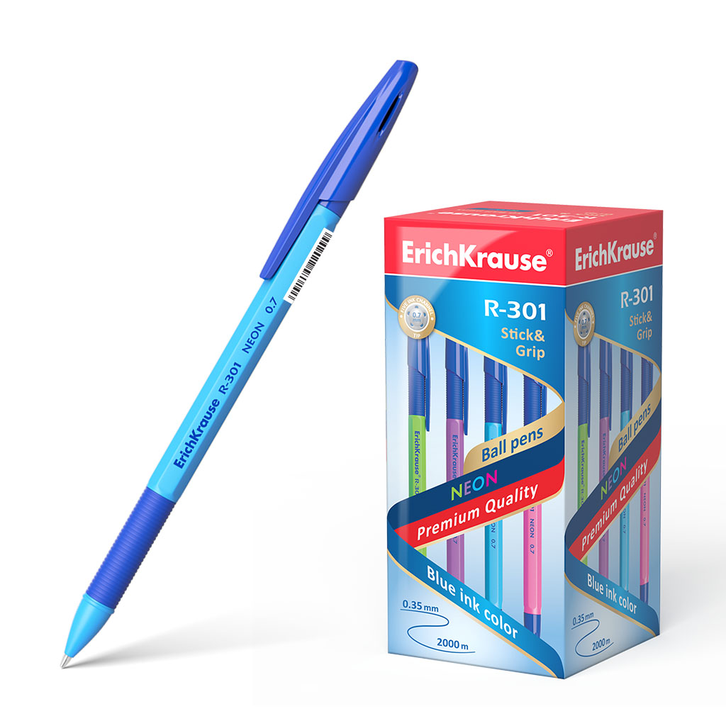 Ручка шариковая ErichKrause® R-301 Neon Stick&Grip 0.7, цвет чернил синий 