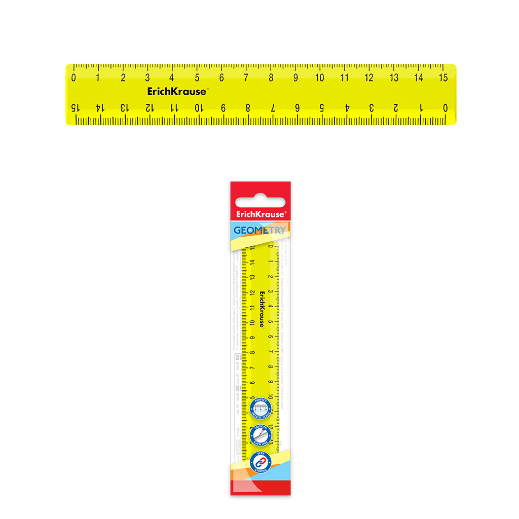 Линейка пластиковая ErichKrause® Neon Solid, 15см, желтая, во флоупаке
